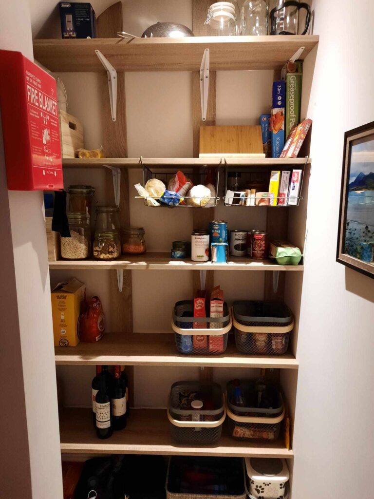 Pantry shelves filled with goods
